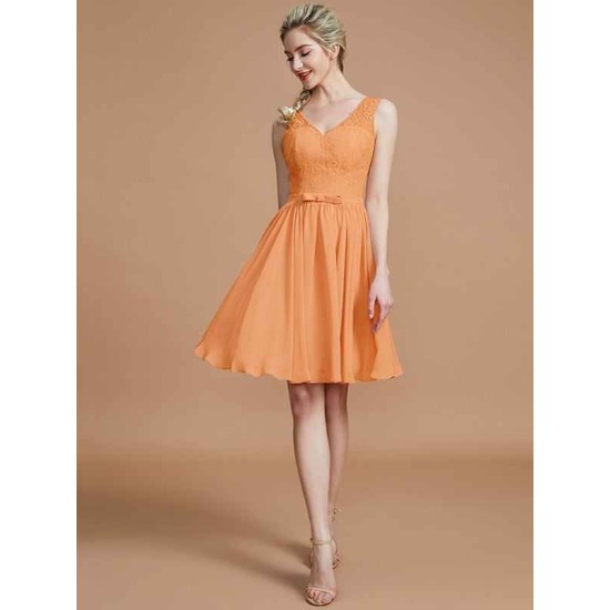 V-Neck Elegant Sleeveless Lace Short/Mini Chiffon Bridesmaid Dresses