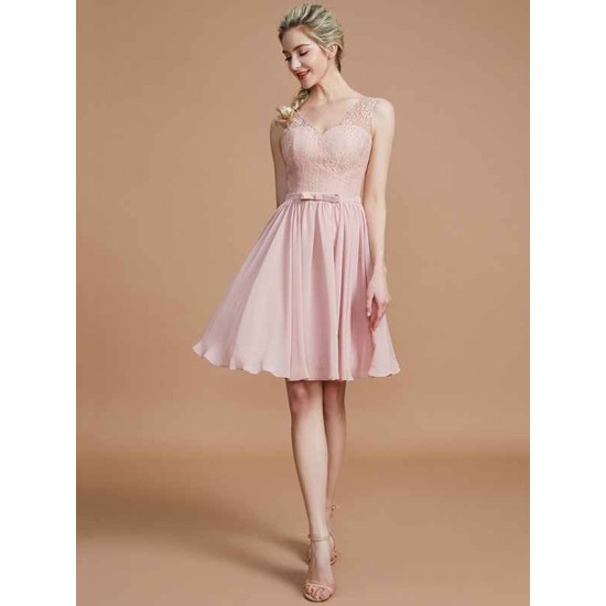 V-Neck Elegant Sleeveless Lace Short/Mini Chiffon Bridesmaid Dresses