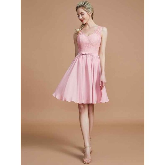 V-Neck Elegant Sleeveless Lace Short/Mini Chiffon Bridesmaid Dresses