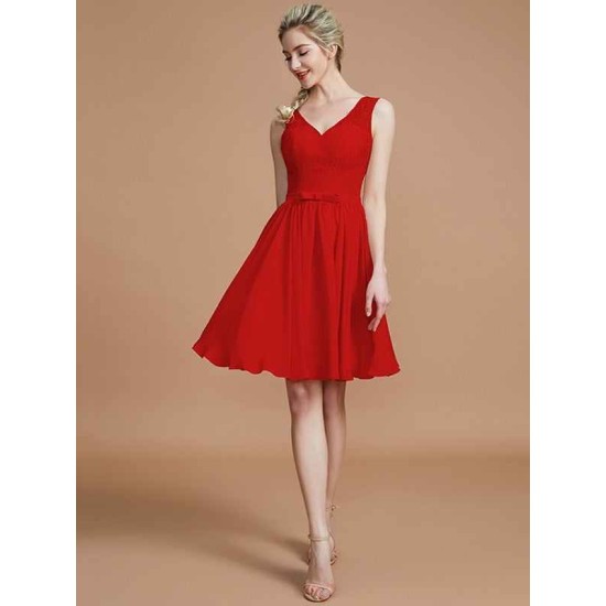 V-Neck Elegant Sleeveless Lace Short/Mini Chiffon Bridesmaid Dresses
