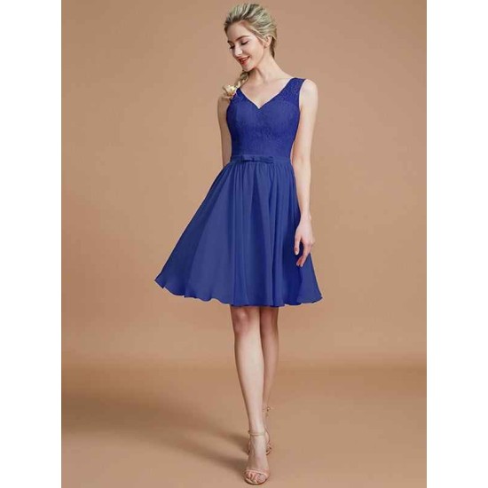 V-Neck Elegant Sleeveless Lace Short/Mini Chiffon Bridesmaid Dresses