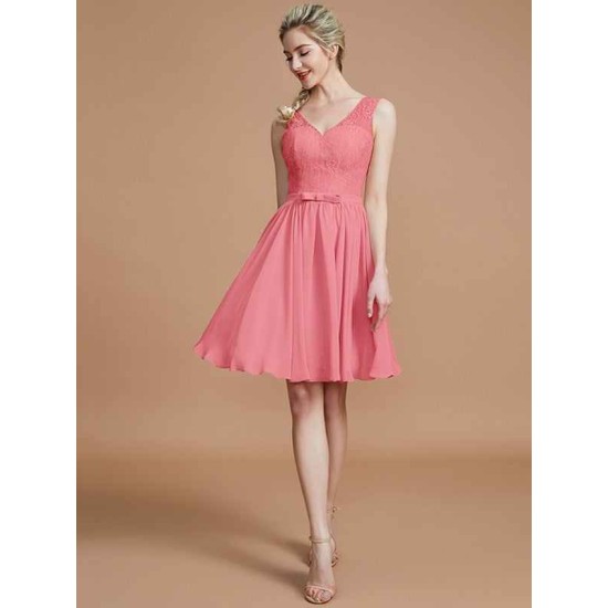V-Neck Elegant Sleeveless Lace Short/Mini Chiffon Bridesmaid Dresses