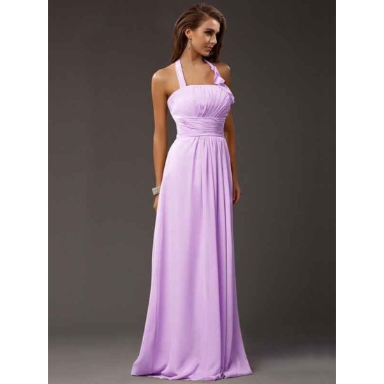Charming Halter Sleeveless Ruffles Long Chiffon Bridesmaid Dresses