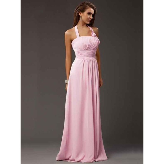 Charming Halter Sleeveless Ruffles Long Chiffon Bridesmaid Dresses