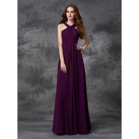 Charming Straps Ruched Sleeveless Long Chiffon Bridesmaid Dresses