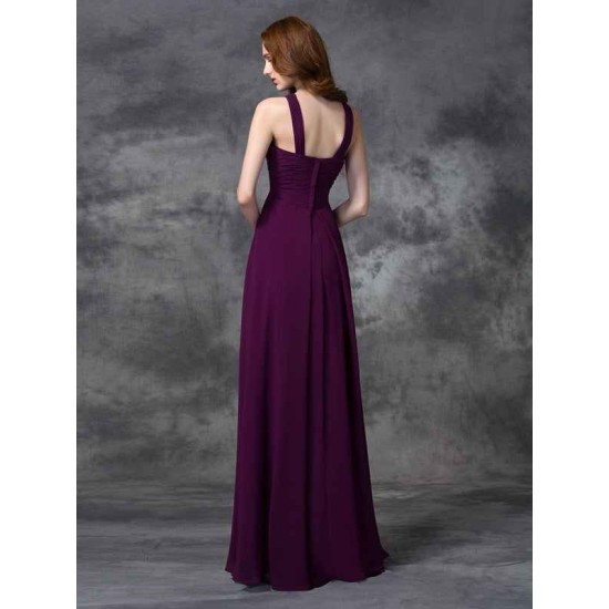 Charming Straps Ruched Sleeveless Long Chiffon Bridesmaid Dresses