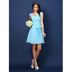 V-Neck Elegant Pleats Bowknot Sleeveless Short Chiffon Bridesmaid Dresses