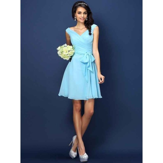 V-Neck Elegant Pleats Bowknot Sleeveless Short Chiffon Bridesmaid Dresses