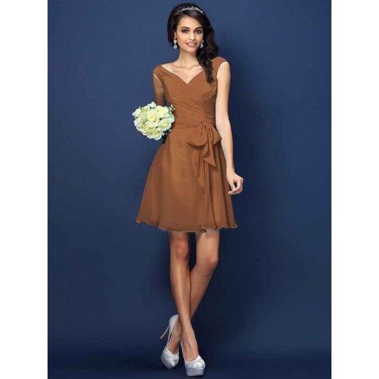 V-Neck Elegant Pleats Bowknot Sleeveless Short Chiffon Bridesmaid Dresses