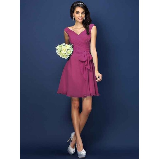V-Neck Elegant Pleats Bowknot Sleeveless Short Chiffon Bridesmaid Dresses