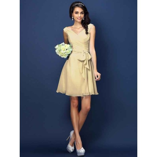 V-Neck Elegant Pleats Bowknot Sleeveless Short Chiffon Bridesmaid Dresses