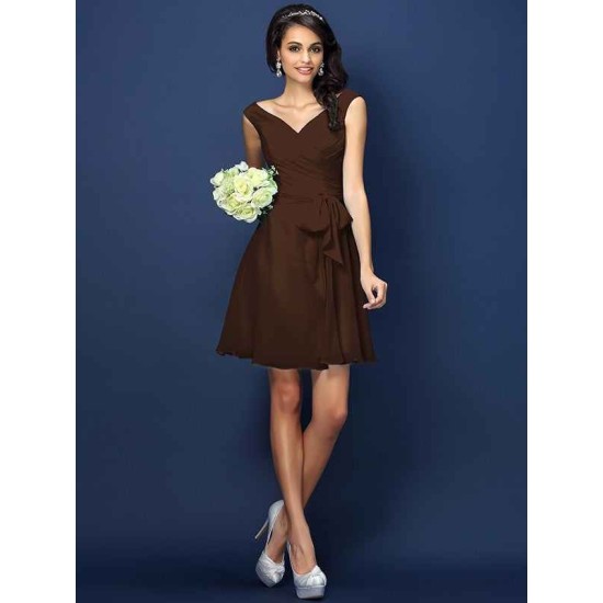 V-Neck Elegant Pleats Bowknot Sleeveless Short Chiffon Bridesmaid Dresses