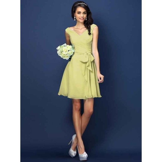 V-Neck Elegant Pleats Bowknot Sleeveless Short Chiffon Bridesmaid Dresses
