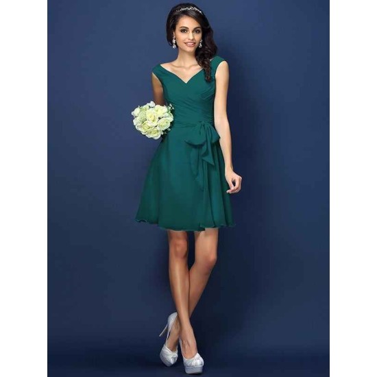 V-Neck Elegant Pleats Bowknot Sleeveless Short Chiffon Bridesmaid Dresses
