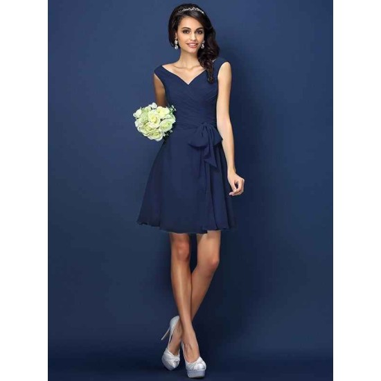 V-Neck Elegant Pleats Bowknot Sleeveless Short Chiffon Bridesmaid Dresses