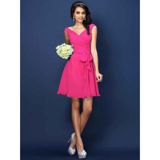 V-Neck Elegant Pleats Bowknot Sleeveless Short Chiffon Bridesmaid Dresses