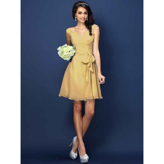 V-Neck Elegant Pleats Bowknot Sleeveless Short Chiffon Bridesmaid Dresses