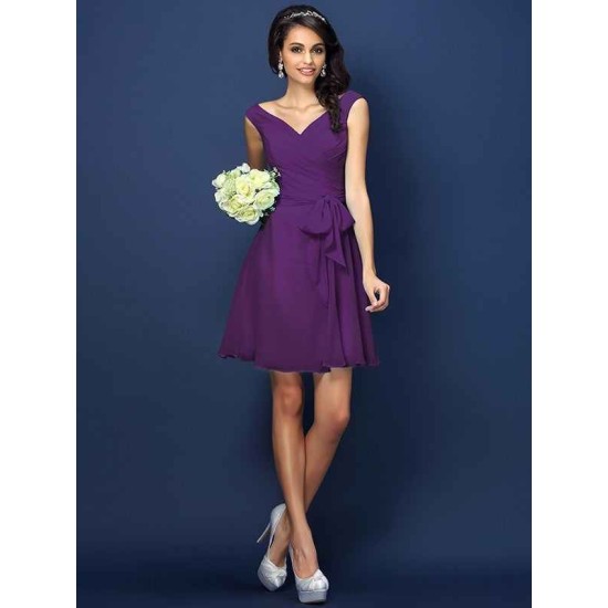 V-Neck Elegant Pleats Bowknot Sleeveless Short Chiffon Bridesmaid Dresses