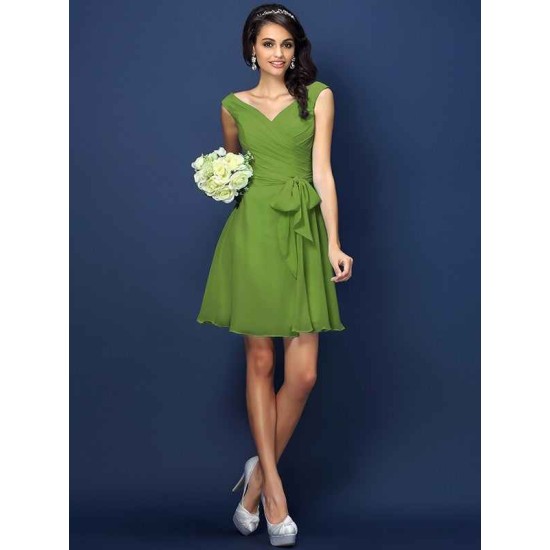 V-Neck Elegant Pleats Bowknot Sleeveless Short Chiffon Bridesmaid Dresses
