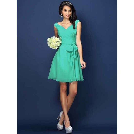 V-Neck Elegant Pleats Bowknot Sleeveless Short Chiffon Bridesmaid Dresses