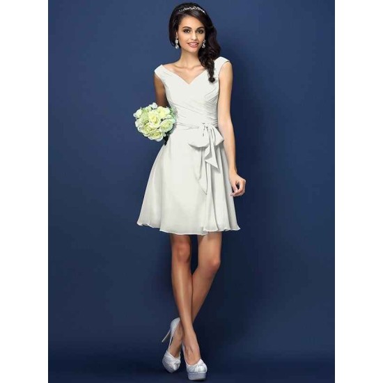 V-Neck Elegant Pleats Bowknot Sleeveless Short Chiffon Bridesmaid Dresses