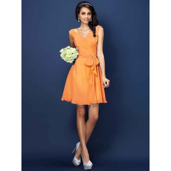 V-Neck Elegant Pleats Bowknot Sleeveless Short Chiffon Bridesmaid Dresses