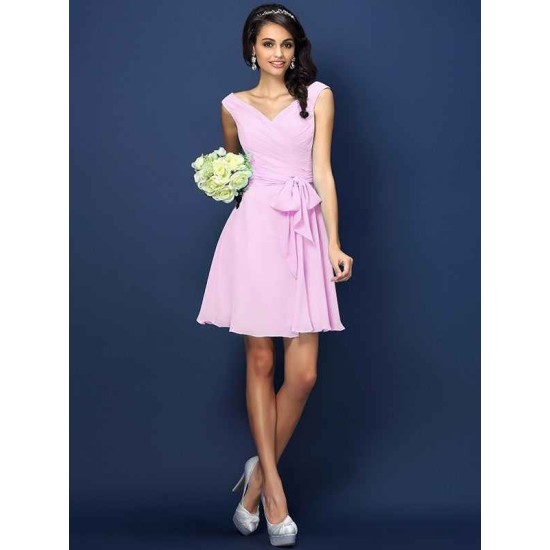 V-Neck Elegant Pleats Bowknot Sleeveless Short Chiffon Bridesmaid Dresses