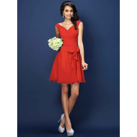 V-Neck Elegant Pleats Bowknot Sleeveless Short Chiffon Bridesmaid Dresses