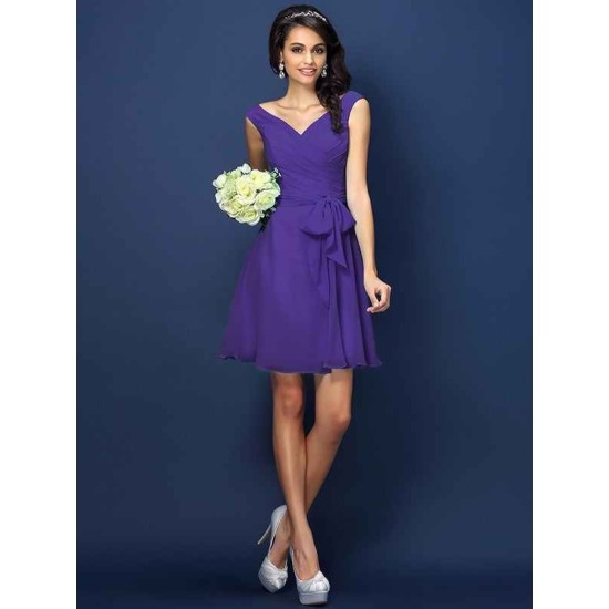 V-Neck Elegant Pleats Bowknot Sleeveless Short Chiffon Bridesmaid Dresses