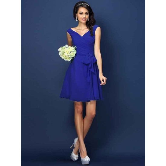 V-Neck Elegant Pleats Bowknot Sleeveless Short Chiffon Bridesmaid Dresses