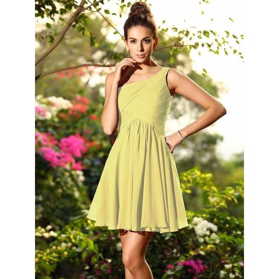 Charming One Shoulder Pleats Sleeveless Short Chiffon Bridesmaid Dresses