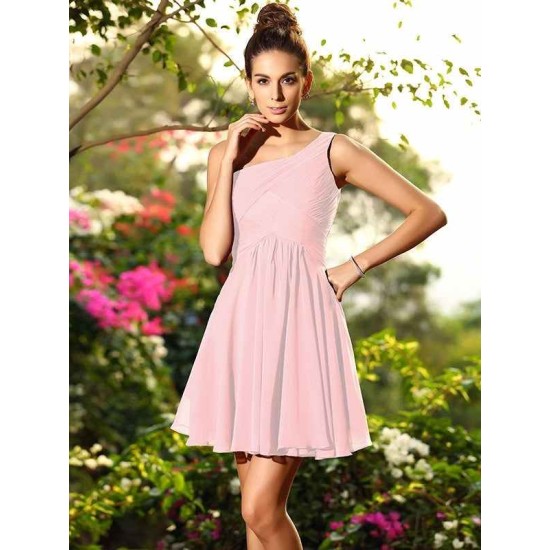 Charming One Shoulder Pleats Sleeveless Short Chiffon Bridesmaid Dresses