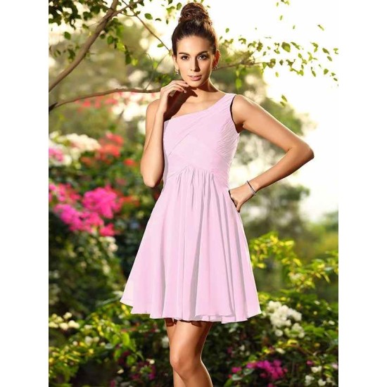 Charming One Shoulder Pleats Sleeveless Short Chiffon Bridesmaid Dresses