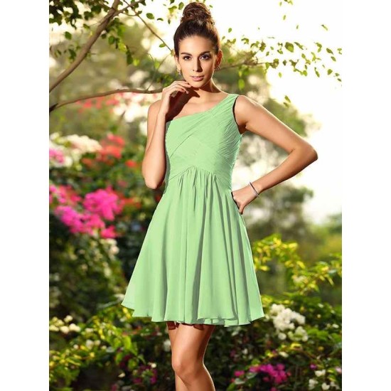Charming One Shoulder Pleats Sleeveless Short Chiffon Bridesmaid Dresses