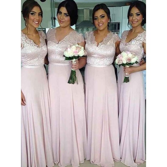 V-Neck Elegant Short Sleeves Chiffon Bridesmaid Dresses