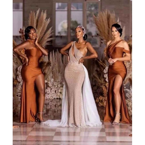 Burnt Orange Mermaid Bridesmaid Dress With Slit